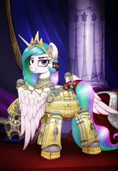 Size: 8500x12300 | Tagged: safe, artist:selenophile, derpibooru import, princess celestia, alicorn, pony, absurd resolution, armor, bedroom eyes, carpet, column, curtains, detailed, dock, female, gold, helmet, horn ring, jewelry, leather straps, looking at you, looking back, love and tolerance, mare, plate armor, plot, raised tail, red carpet, scale armor, scale mail, scales, smiling, smirk, solo, tail, tail wrap, throne room, wings