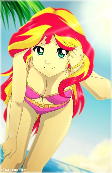 Size: 1300x2016 | Tagged: suggestive, artist:lilapudelpony, derpibooru import, sunset shimmer, equestria girls, adorasexy, beach, bikini, breasts, busty sunset shimmer, cleavage, clothes, cute, female, sexy, solo, solo female, swimsuit