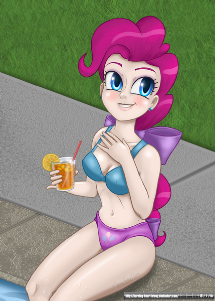 Size: 1500x2100 | Tagged: artist:burning-heart-brony, belly button, bikini, clothes, derpibooru import, grin, hair bow, human, humanized, iced tea, pinkie pie, safe, smiling, solo, swimsuit