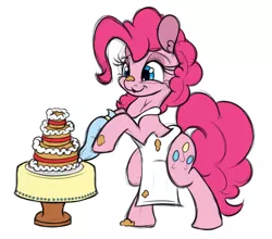 Size: 1000x880 | Tagged: safe, artist:ramott, derpibooru import, pinkie pie, pony, :3, apron, bipedal, cake, clothes, food, frosting, harelip, sketchy, solo