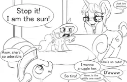 Size: 1280x828 | Tagged: safe, artist:silfoe, derpibooru import, princess celestia, raven, alicorn, pony, unicorn, royal sketchbook, age regression, cewestia, cute, cutelestia, daaaaaaaaaaaw, dialogue, female, filly, glasses, grayscale, i am the night, i am the sun, male, mare, monochrome, open mouth, royal guard, sketch, smol, speech bubble, stallion