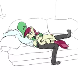 Size: 999x900 | Tagged: safe, artist:ara, derpibooru import, roseluck, oc, oc:anon, oc:anonymous, earth pony, human, pony, collar, couch, cuddling, female, looking at each other, male, mare, one eye closed, partial color, rosepet, smiling, snuggling