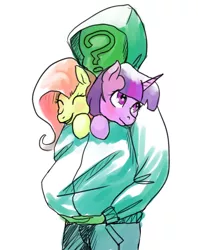 Size: 711x897 | Tagged: safe, artist:ara, derpibooru import, fluttershy, twilight sparkle, oc, oc:anon, oc:anonymous, alicorn, human, pegasus, pony, carrying, clothes, cuddling, female, hoodie, male, mare, simple background, snuggling, white background