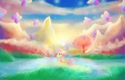 Size: 1594x1025 | Tagged: safe, artist:loveless-nights, derpibooru import, fluttershy, butterfly, pegasus, pony, female, filly, folded wings, grass, lake, looking at something, looking up, mountain, outdoors, prone, scenery, sky, smiling, so many wonders, solo, sun, wings