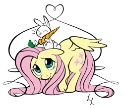 Size: 600x527 | Tagged: safe, artist:luckylines, derpibooru import, angel bunny, fluttershy, pegasus, pony, carrot, duo, eyes closed, food, heart, lines, looking up, raised hoof, simple background, sitting, sitting on head, transparent background