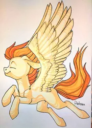 Size: 435x604 | Tagged: safe, artist:pellsya, derpibooru import, spitfire, eyes closed, flying, missing cutie mark, solo, traditional art