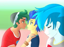 Size: 1600x1163 | Tagged: safe, artist:supermaxx92, derpibooru import, flash sentry, thunderbass, timber spruce, equestria girls, couple, cross-popping veins, flash sentry gets all the stallions, gay, jealous, love, love triangle, male, rockers, romantic, shipping, thunderflash, timberflash