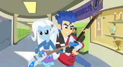 Size: 1600x872 | Tagged: safe, artist:themexicanpunisher, derpibooru import, flash sentry, trixie, equestria girls, canterlot high, clothes, electric guitar, esp alexi laiho, female, flying v, guitar, guitar pick, hallway, male, pants, playing, sentrixie, shipping, skirt, straight