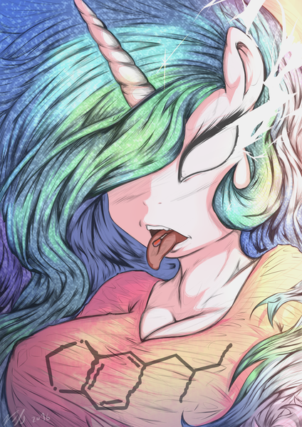 Size: 2893x4092 | Tagged: suggestive, artist:nxyde, derpibooru import, princess celestia, anthro, breasts, bust, busty princess celestia, cleavage, drugs, ecstasy, female, glowing eyes, mdma, open mouth, pill, portrait, solo, solo female, tight clothing, tongue out