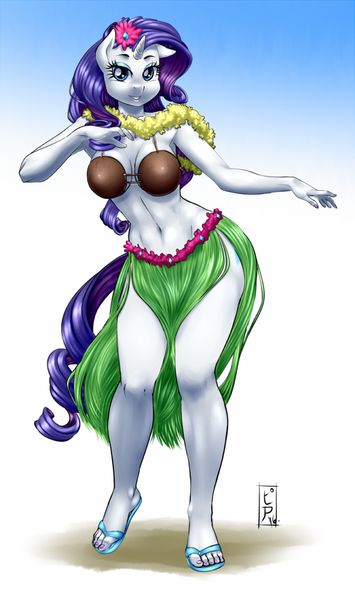 Size: 532x900 | Tagged: adorasexy, anthro, armpits, artist:pia-sama, belly button, big breasts, breasts, busty rarity, cleavage, clothes, coconut bikini, cute, derpibooru import, feet, female, flip-flops, flower, flower in hair, grass skirt, hawaiian flower in hair, hula, hula dance, hularity, lei, looking at you, midriff, plantigrade anthro, rarity, sandals, sexy, skirt, smiling, solo, solo female, suggestive, toes