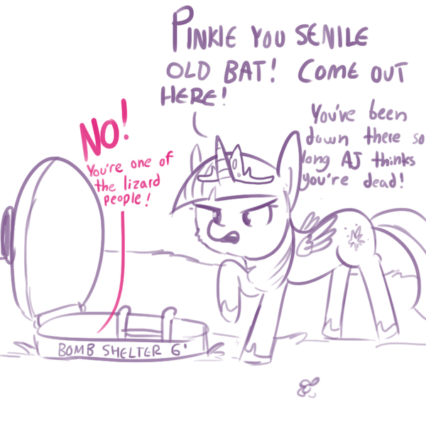 Size: 792x792 | Tagged: safe, artist:tjpones, derpibooru import, pinkie pie, twilight sparkle, twilight sparkle (alicorn), alicorn, pony, angry, bait and switch, bomb shelter, conspiracy theory, female, frown, future, glare, lizard people, mare, mood whiplash, offscreen character, older, open mouth, raised hoof, senile, shelter, simple background, solo focus, white background