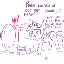 Size: 792x792 | Tagged: safe, artist:tjpones, derpibooru import, pinkie pie, twilight sparkle, twilight sparkle (alicorn), alicorn, pony, angry, bait and switch, bomb shelter, conspiracy theory, female, frown, future, glare, lizard people, mare, mood whiplash, offscreen character, older, open mouth, raised hoof, senile, shelter, simple background, solo focus, white background