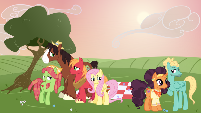 Size: 5760x3240 | Tagged: safe, artist:3d4d, derpibooru import, big macintosh, fluttershy, saffron masala, tree hugger, trouble shoes, zephyr breeze, earth pony, pony, fluttermac, male, picnic, saffron breeze, shipping, stallion, straight, troublehugger