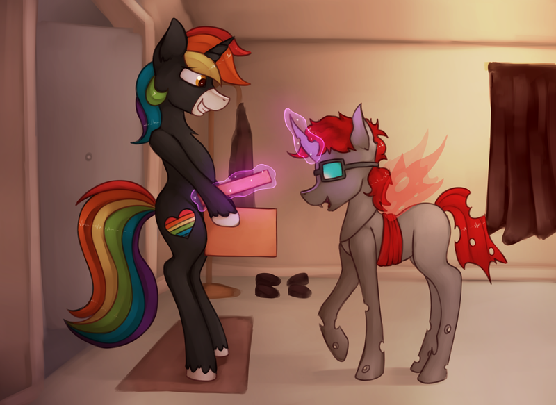 Size: 3087x2250 | Tagged: questionable, artist:marsminer, derpibooru import, oc, oc:cloudburst, oc:rainbow heart, unofficial characters only, changeling, pony, bipedal, dick in a box, grin, open mouth, prank, rainbow hair, rainbow tail, red changeling, smiling