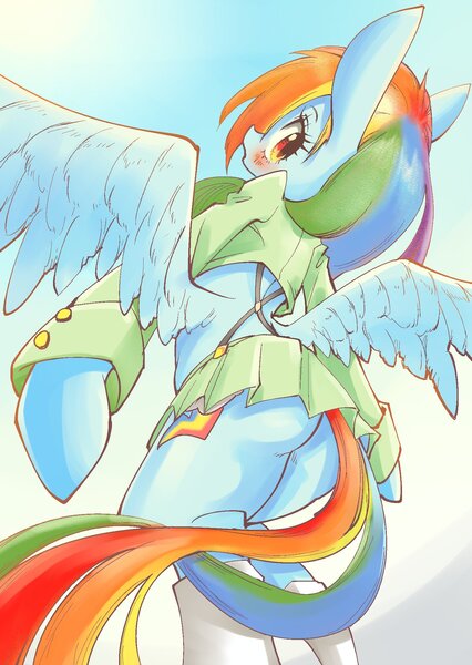 Size: 1447x2039 | Tagged: suggestive, artist:unousaya, derpibooru import, rainbow dash, pegasus, pony, semi-anthro, ass, blushing, boots, clothes, cute, female, jacket, looking at you, looking back, mare, midriff, miniskirt, pleated skirt, rainbutt dash, rear view, schrödinger's pantsu, skirt, skirt lift, solo, solo female, suspenders, upskirt