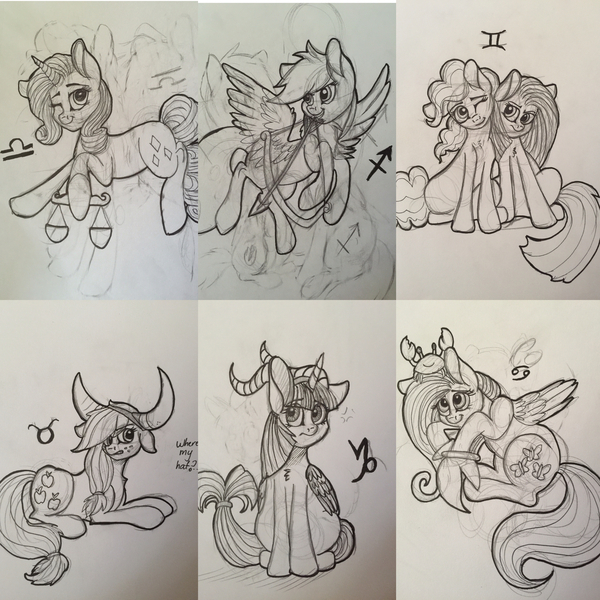 Size: 3072x3072 | Tagged: safe, artist:snowfoxythefox, derpibooru import, applejack, fluttershy, pinkie pie, rainbow dash, rarity, twilight sparkle, twilight sparkle (alicorn), alicorn, crab, earth pony, fish, pegasus, pony, unicorn, arrow, black and white, bow (weapon), bow and arrow, cancer (horoscope), capricorn, female, gemini, grayscale, horns, horoscope, libra, mane six, mare, marker drawing, monochrome, pencil, pencil drawing, sagittarius, sketch, taurus, traditional art, weapon, zodiac