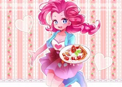 Size: 2000x1424 | Tagged: safe, artist:weiliy, derpibooru import, pinkie pie, equestria girls, anime eyes, anime style, balloon, blushing, boots, breasts, cleavage, clothes, cute, diapinkes, female, food, heart, high heel boots, pie, skirt, solo, strawberry