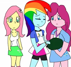 Size: 1262x1176 | Tagged: safe, artist:my little brony friend, derpibooru import, fluttershy, pinkie pie, rainbow dash, tank, tortoise, equestria girls, tanks for the memories, 1000 hours in ms paint, clothes, compression shorts, crying, equestria girls interpretation, female, imminent death, miniskirt, ms paint, scene interpretation, shorts, skirt, socks