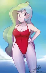 Size: 1102x1732 | Tagged: suggestive, artist:the-butch-x, derpibooru import, princess celestia, equestria girls, abs, armpits, baywatch, beach, breasts, busty princess celestia, cleavage, clothes, cute, female, hand on hip, ocean, one-piece swimsuit, principal celestia, red swimsuit, sexy, solo, solo female, stupid sexy celestia, swimsuit, underass, water