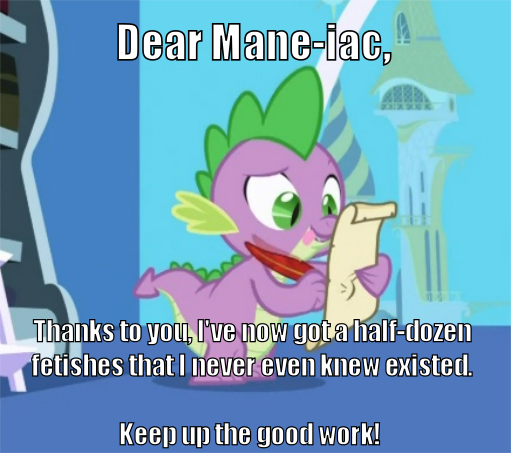 Size: 511x453 | Tagged: suggestive, derpibooru import, edit, edited screencap, editor:scrounge, screencap, mane-iac, spike, dragon, friendship is magic, caption, exploitable meme, image macro, letter, male, meme, quill, spike's love letters, spike-iac, tongue out