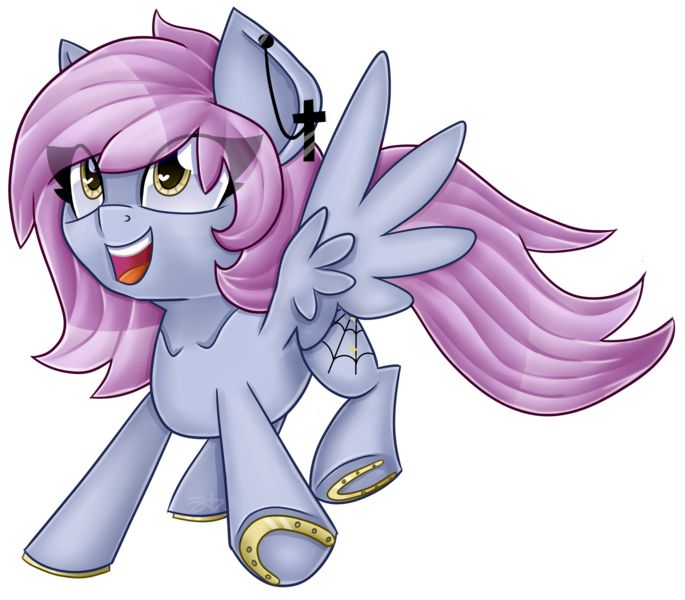 Size: 4000x3505 | Tagged: safe, artist:partylikeanartist, derpibooru import, oc, oc:windy spirit, unofficial characters only, pegasus, pony, collarbone, cross, ear piercing, earring, female, flying, horseshoes, jewelry, open mouth, piercing, simple background, smiling, solo, teeth, traditional art, transparent background, wingding eyes