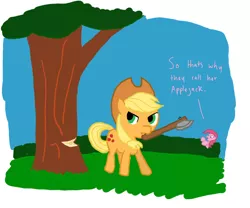 Size: 1152x960 | Tagged: appleaxe, applejack, artist:runbowdash, axe, derpibooru import, lumberjack, pinkie pie, pun, safe, weapon