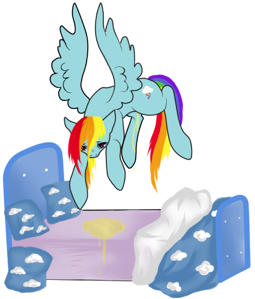 Size: 506x592 | Tagged: suggestive, artist:pockypocky, derpibooru import, rainbow dash, pony, accident, bed, bedwetting, female, flying, mare, pissing, puddle, solo, urine, wetting