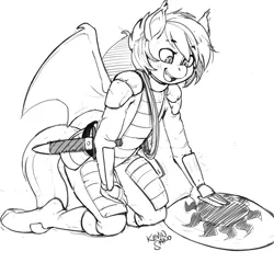 Size: 900x900 | Tagged: safe, artist:kevinsano, derpibooru import, oc, oc:nolegs, unofficial characters only, anthro, bat pony, unguligrade anthro, anthro oc, armor, grayscale, monochrome, shield, sketch, solo, sword, weapon