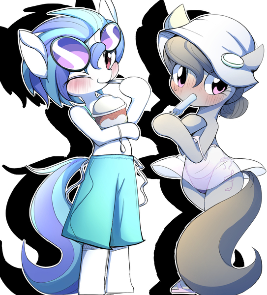 Size: 1914x2116 | Tagged: safe, artist:ccc, derpibooru import, octavia melody, vinyl scratch, earth pony, pony, semi-anthro, unicorn, bikini bottom, bipedal, blushing, clothes, cute, dress, food, hoof hold, ice cream, looking at you, one eye closed, see-through, shorts, simple background, smiling, sunglasses, vinylbetes, white background, wide eyes, wink