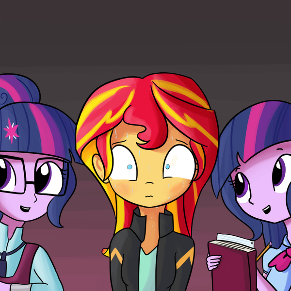 Size: 1280x1280 | Tagged: safe, artist:tjpones, derpibooru import, edit, editor:dsp2003, sci-twi, sunset shimmer, twilight sparkle, twilight sparkle (alicorn), equestria girls, blushing, book, clothes, crystal prep academy uniform, female, lesbian, platonic, school uniform, scitwishimmer, shipping, sunset twiangle, sunsetsparkle, sweat, textless, the simpsons, twolight