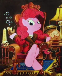 Size: 1024x1266 | Tagged: artist:j-w-white, bubble pipe, bust, chair, clothes, derpibooru import, globe, painting, pinkie pie, pipe, portrait, robe, safe, skull, smoking jacket, solo, traditional art