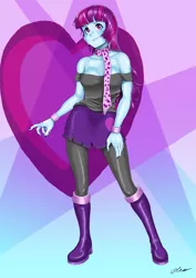 Size: 4133x5846 | Tagged: safe, artist:oliver-el-mediocre, derpibooru import, mystery mint, equestria girls, abstract background, absurd resolution, background human, boots, breasts, clothes, female, heart, high heel boots, latex, latex boots, leggings, nail polish, scarf, shoes, signature, skirt, solo