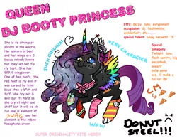 Size: 1024x796 | Tagged: safe, artist:kyaokay, derpibooru import, oc, oc:queen dj booty princess, unofficial characters only, alicorn, butterfly, cat, pony, seraph, :t, alicorn oc, bow, bracelet, clothes, colored wings, colored wingtips, comic sans, cursed hoof, curved horn, doge, donut steel, ear fluff, female, flying, food, galaxy mane, grammar error, heart, intentional grammar error, jewelry, joke oc, lip bite, looking at you, looking up, mare, mary sue, meat, multicolored wings, multiple wings, original character do not steal, pepperoni, pepperoni pizza, pizza, rainbow wings, rolex watch, simple background, smiling, socks, solo, spread wings, striped socks, swag, text, tiara, wall of tags, watch, white background, wingding eyes