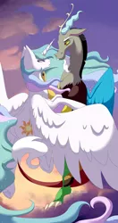 Size: 2147x4065 | Tagged: safe, artist:twigpony, derpibooru import, discord, princess celestia, dislestia, female, flying, hug, looking at each other, male, shipping, straight