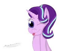 Size: 2944x1966 | Tagged: safe, artist:megaanimationfan, derpibooru import, starlight glimmer, pony, unicorn, :p, cute, female, glimmerbetes, looking at you, mare, one eye closed, signature, silly, silly pony, simple background, smiling, tongue out, transparent background, wink