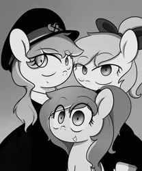 Size: 1200x1440 | Tagged: artist:fullmetalpikmin, aryan, aryan pony, black and white, blonde, commission, derpibooru import, female, grayscale, group photo, hair bow, hat, heart, monochrome, nazi, nazipone, oc, oc:aryanne, oc:kyrie, oc:luftkrieg, safe, swastika, unofficial characters only