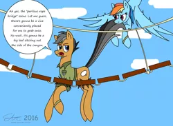 Size: 3000x2200 | Tagged: annoyed, artist:derpanater, derpibooru import, digital art, quibble pants, rainbow dash, rope bridge, safe, sarcasm, sky, spoiler, stranger than fan fiction, tail, tail pull, text