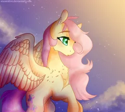 Size: 1024x916 | Tagged: safe, artist:snowolive, derpibooru import, fluttershy, chest fluff, cloud, ear fluff, fluffy, looking away, solo, spread wings