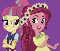 Size: 850x716 | Tagged: safe, artist:themexicanpunisher, derpibooru import, gloriosa daisy, sour sweet, equestria girls, friendship games, legend of everfree, clothes, crossed arms, crystal prep academy uniform, crystal prep shadowbolts, floral head wreath, flower, freckles, geode of fauna, geode of shielding, geode of sugar bombs, geode of super speed, geode of super strength, holly, magical geodes, open mouth, raised eyebrow, school uniform, smiling, smirk