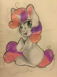 Size: 2448x3264 | Tagged: artist:snowfoxythefox, chest fluff, colored, colored pencil drawing, colored sketch, derpibooru import, pencil, pencil drawing, safe, sitting, smiling, solo, sweetie belle, traditional art