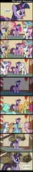 Size: 1682x8501 | Tagged: safe, artist:bredgroup, artist:true line translators, derpibooru import, applejack, berry punch, berryshine, carrot top, fluttershy, golden harvest, lyra heartstrings, nurse redheart, pinkie pie, princess cadance, rainbow dash, rarity, shining armor, twilight sparkle, twilight sparkle (alicorn), alicorn, earth pony, pegasus, pony, unicorn, fallout equestria, the one where pinkie pie knows, abandoned, catatonic, clothes, colored hooves, comic, cowboy hat, cutie mark, day, dead tree, delayed reaction, female, floppy ears, flying, glasses, grin, gritted teeth, hat, hooves, horn, immortality, immortality blues, jewelry, male, mane six, mare, night, older, open mouth, raised hoof, regalia, ruins, sad, smiling, spider web, spread wings, stallion, tiara, tree, wings