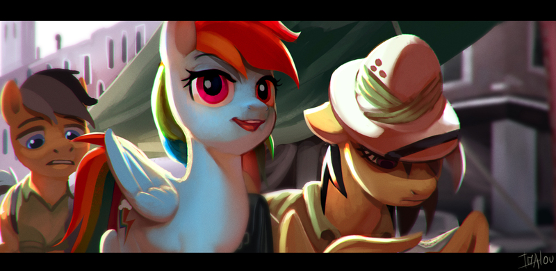 Size: 1920x937 | Tagged: artist:imalou, city, clothes, daring do, derpibooru import, hat, map, open mouth, quibble pants, rainbow dash, safe, stranger than fan fiction, widescreen, wing hands, wing hold