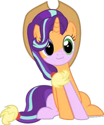 Size: 6000x7259 | Tagged: safe, artist:arifproject, derpibooru import, applejack, starlight glimmer, pony, :3, absurd resolution, catface, cute, fusion, simple background, sitting, sitting catface meme, transparent background, vector, wat, we have become one, what has science done