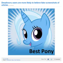 Size: 853x854 | Tagged: safe, derpibooru import, trixie, pony, unicorn, derpibooru, equestria daily, article, best pony, fake, female, mare, meta, news, sethisto, solo, spoilered image joke, text