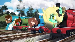 Size: 1024x577 | Tagged: artist:frostythepegasus, crossover, derpibooru import, inanimate tf, not salmon, oc, safe, this will end in steam, thomas the tank engine, train, trainified, train pony, unofficial characters only, wat