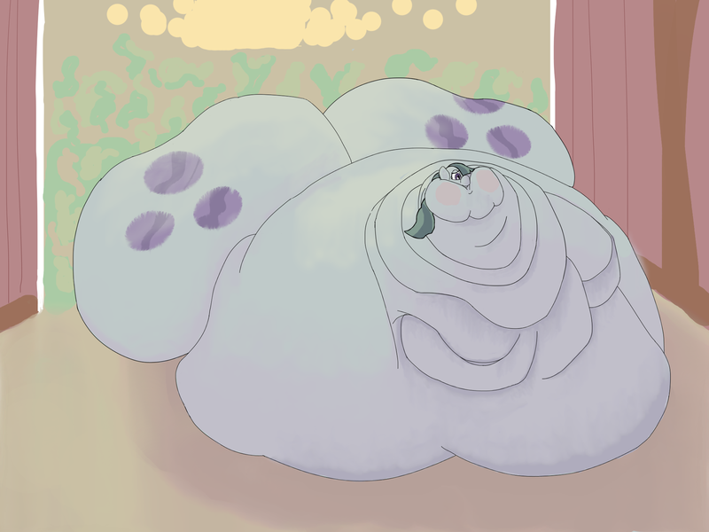 Size: 2048x1536 | Tagged: artist:lupin quill, barn, blob, blobface, blushing, chubby cheeks, derpibooru import, fat, female, immobile, impossibly large everything, impossibly obese, marble pie, marble pudge, marblob pie, morbidly obese, obese, questionable, rolls of fat, solo, solo female