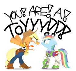Size: 5000x4677 | Tagged: safe, artist:zutheskunk, derpibooru import, applejack, rainbow dash, earth pony, pegasus, pony, absurd resolution, buzz lightyear, clothes, cosplay, costume, crossover, female, inkscape, looking at each other, mare, open mouth, parody, raised hoof, simple background, toy story, transparent background, vector, woody, you are a toy