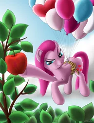 Size: 2400x3111 | Tagged: safe, artist:awalex, derpibooru import, pinkie pie, earth pony, pony, magical mystery cure, apple, balloon, cutie mark swap, floating, food, pinkamena diane pie, solo, squint, swapped cutie marks, then watch her balloons lift her up to the sky, what my cutie mark is telling me