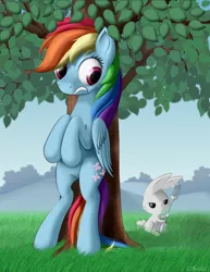 Size: 2400x3111 | Tagged: safe, artist:awalex, derpibooru import, angel bunny, rainbow dash, pegasus, pony, magical mystery cure, badass, bipedal, cutie mark swap, duo, fork, hiding, scared, swapped cutie marks, tree