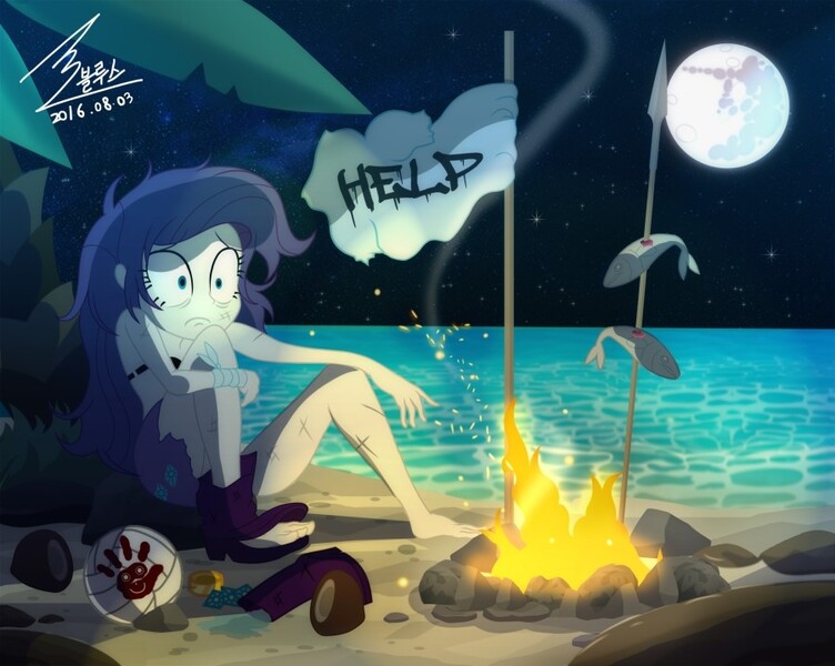 Size: 900x718 | Tagged: semi-grimdark, artist:bluse, derpibooru import, rarity, fish, equestria girls, bare shoulders, barefoot, bonfire, boots, bra, bracelet, campfire, cast away, castaway, clothes, cooking, dead, feet, fire, frown, full moon, gritted teeth, help me, hilarious in hindsight, island, jewelry, legs, mare in the moon, marooned, moon, night, night sky, ocean, sand, shore, show accurate, signature, sitting, skirt, skirt lift, sleeveless, solo, stars, stranded, thousand yard stare, torn clothes, underwear, volleyball, wide eyes, wilson (cast away)